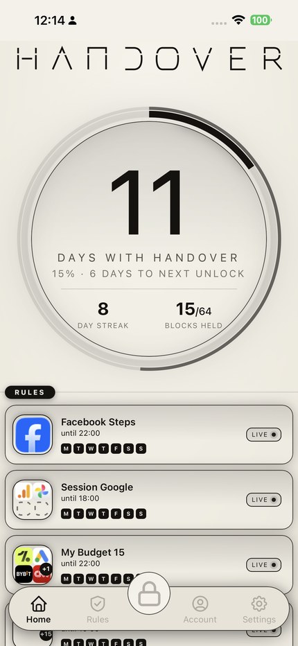 Handover home screen showing the streak and every armed app blocker rule