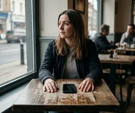 Reducing screen time, phone face up and ignored on a cafe table