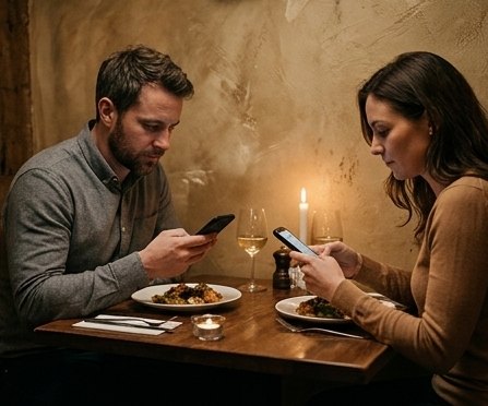 Social media addiction at dinner, both people on their phones