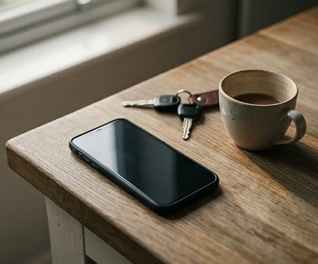 Screen time app blocker in practice, phone face down beside keys and coffee