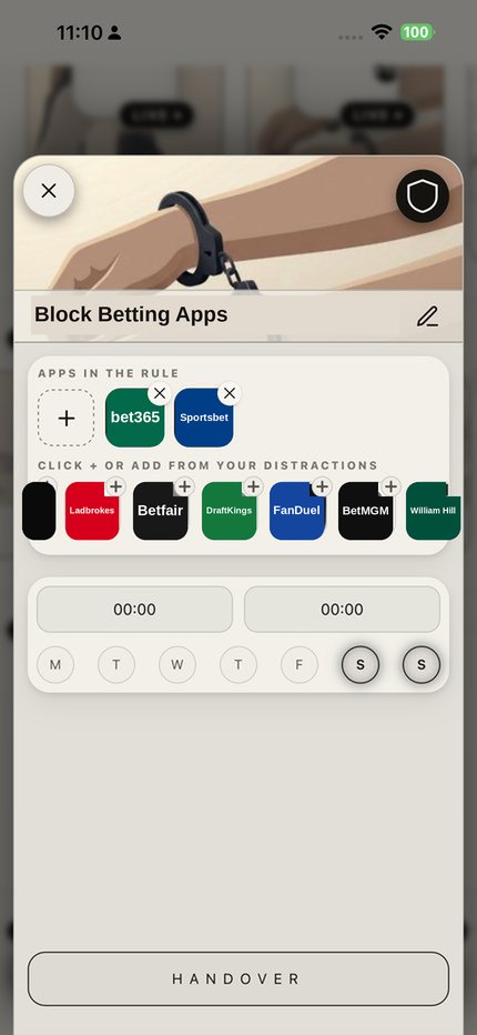 A Handover rule called Block Betting Apps, with bet365 and Sportsbet blocked on an iPhone