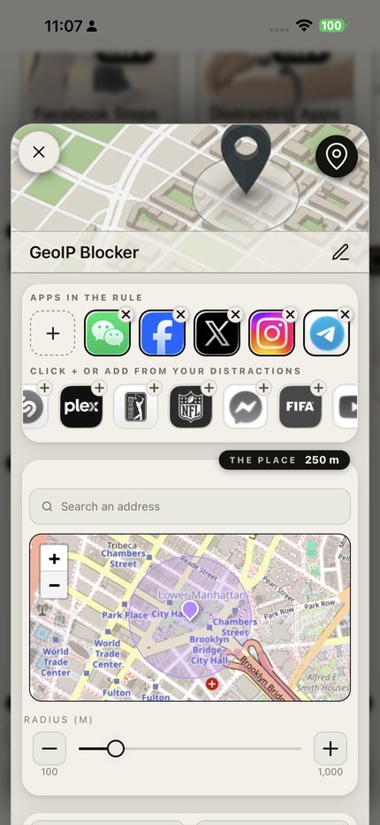 Handover app blocker rule builder, blocking apps by location with a map and radius