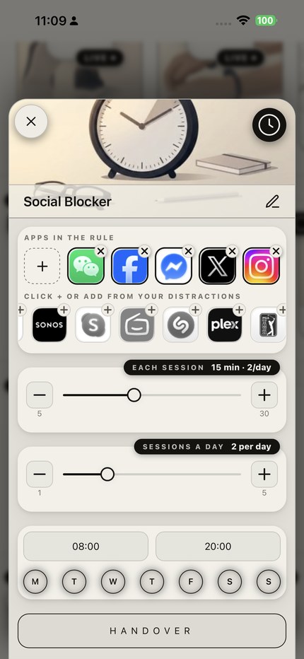 Handover rule builder setting timed sessions for social media apps