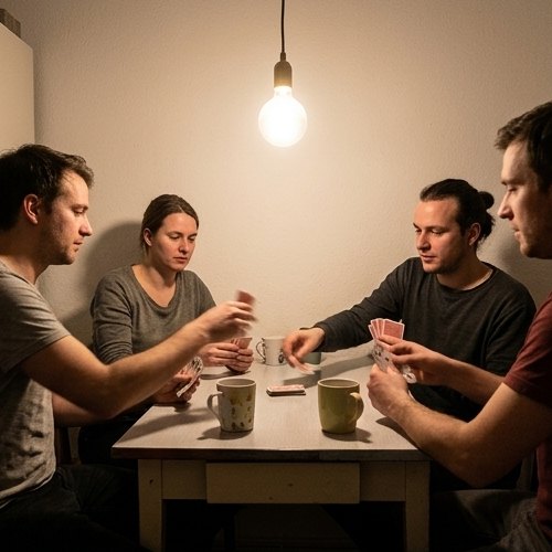 Friends playing cards at a kitchen table with no phones out