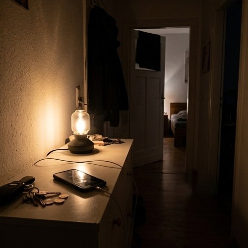 A phone charging in the hallway overnight instead of beside the bed