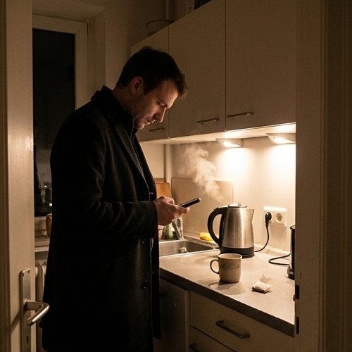 Absent-minded phone checking in the kitchen while the kettle boils