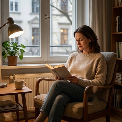 Reading a book in an armchair with the phone out of reach