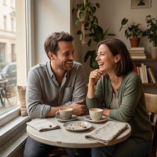 Two people talking over coffee with no phones on the table