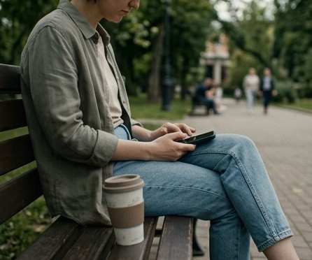 A person scrolling on a park bench, an ordinary setting for problematic smartphone use