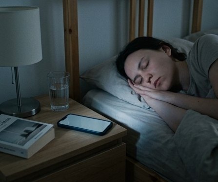 Phone screen glowing beside a bed at night, disrupted sleep from screen time