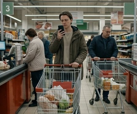 Filling a gap in the day with the phone while queueing in a supermarket