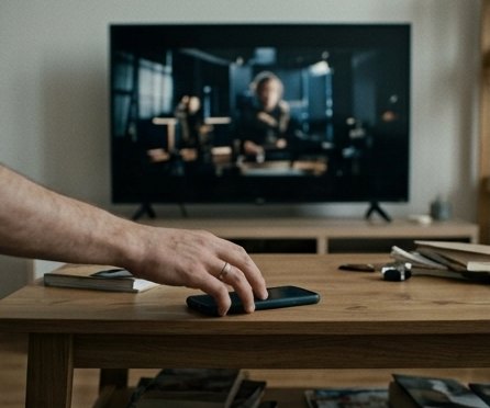 Compulsive phone checking, a hand reaching for a phone while the television plays